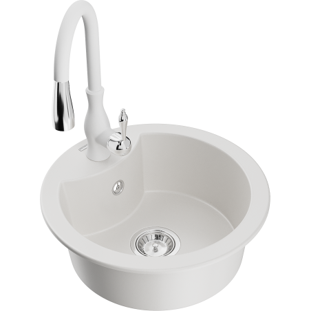 Mexen Diego 1-compartment granite sink with a kitchen mixer tap Savita, White - 6512-20-672601-20