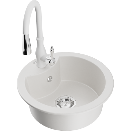 Mexen Diego single-bowl granite sink with Savita kitchen tap, white - 6512-20-672601-20