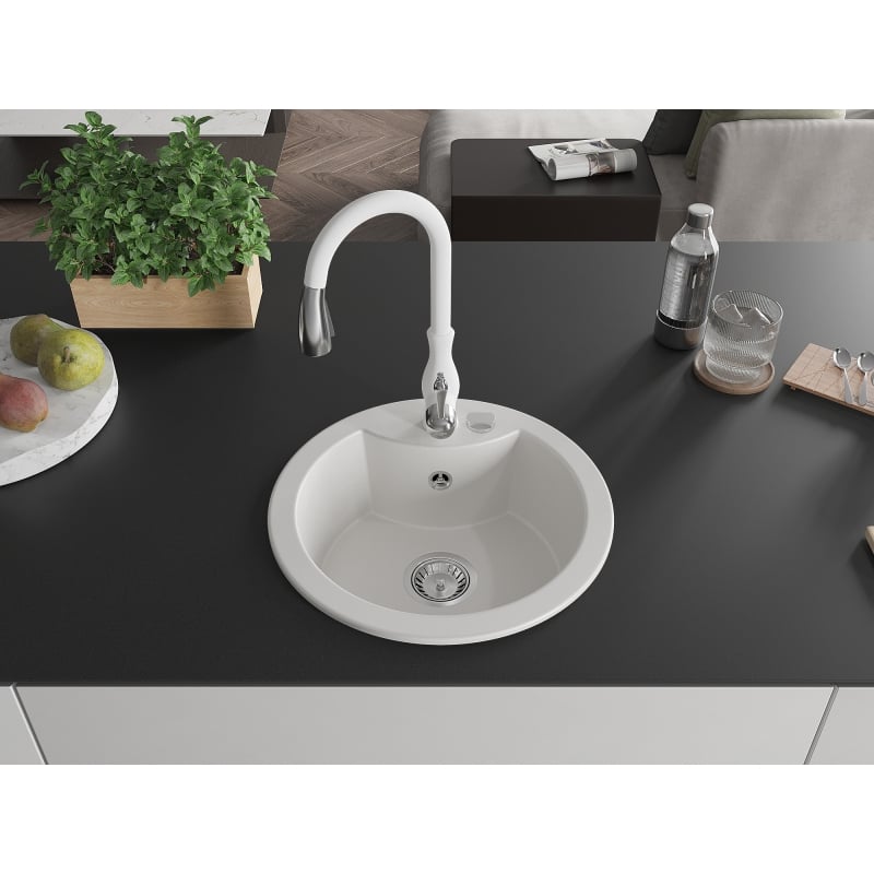 Mexen Diego granite kitchen sink 1-bowl with Savita kitchen faucet, white - 6512-20-672601-20