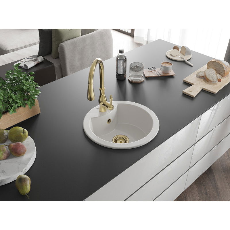 Mexen Diego 1-bowl granite sink with Savita kitchen tap, white - 6512-20-672601-50