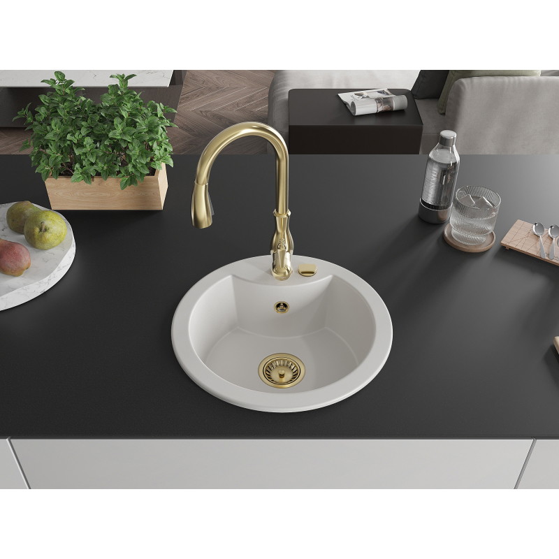 Mexen Diego granite kitchen sink 1-bowl with Savita kitchen faucet, white - 6512-20-672601-50