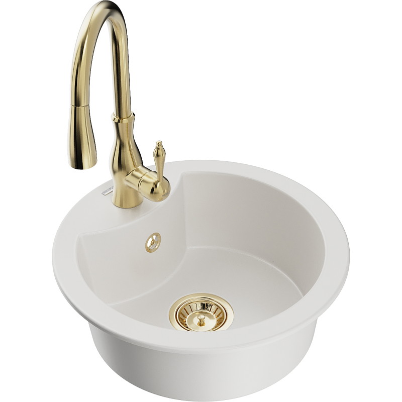Mexen Diego granite kitchen sink 1-bowl with Savita kitchen faucet, white - 6512-20-672601-50