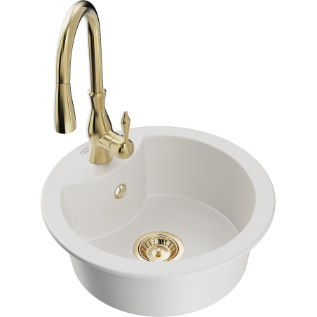 Mexen Diego 1-compartment granite sink with a kitchen mixer tap Savita, White - 6512-20-672601-50
