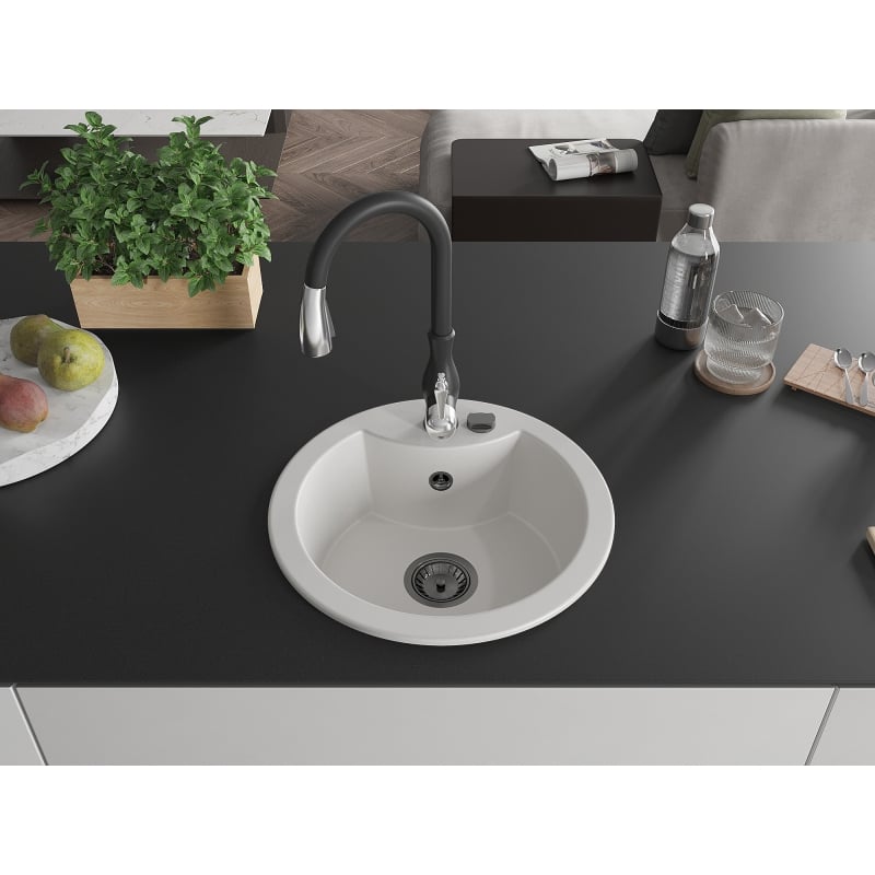 Mexen Diego granite kitchen sink 1-bowl with Savita kitchen faucet, white - 6512-20-672601-70