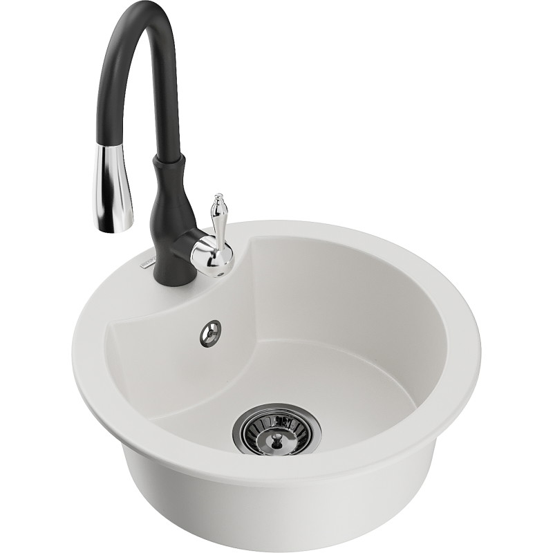Mexen Diego 1-bowl granite sink with Savita kitchen faucet, white - 6512-20-672601-70
