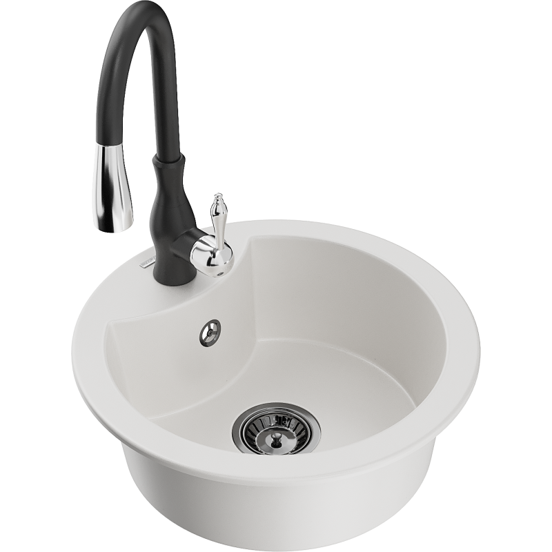 Mexen Diego 1-compartment granite sink with a kitchen mixer tap Savita, White - 6512-20-672601-70