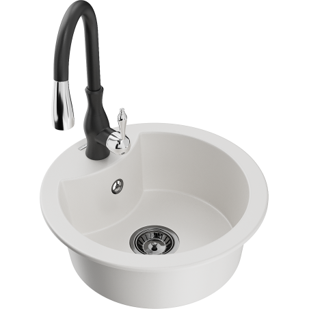Mexen Diego 1-compartment granite sink with a kitchen mixer tap Savita, White - 6512-20-672601-70