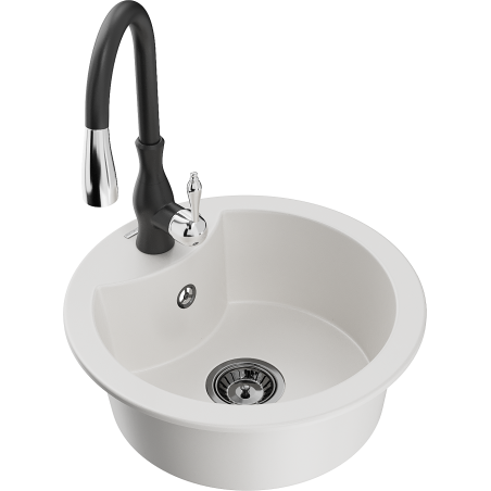 Mexen Diego granite kitchen sink 1-bowl with Savita kitchen faucet, white - 6512-20-672601-70