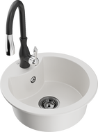 Mexen Diego 1-compartment granite sink with a kitchen mixer tap Savita, White - 6512-20-672601-70