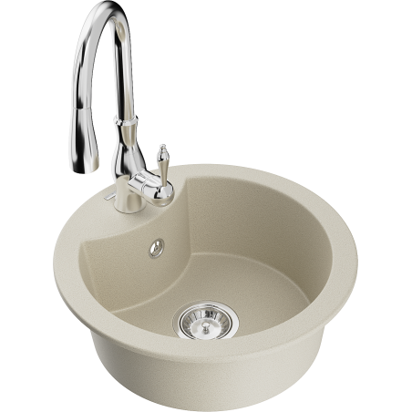 Mexen Diego granite kitchen sink 1-bowl with Savita kitchen faucet, beige - 6512-69-672601-00