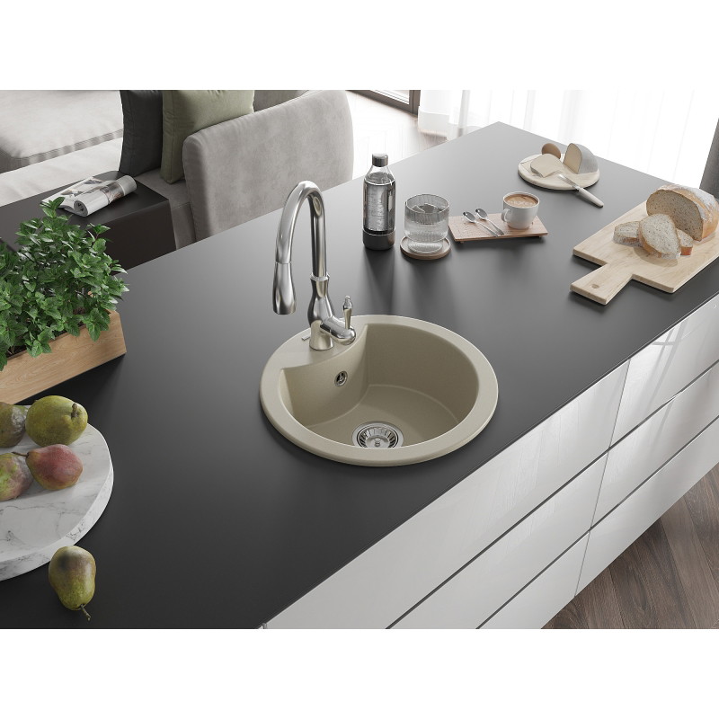 Mexen Diego single-bowl granite sink with Savita kitchen faucet, beige - 6512-69-672601-00
