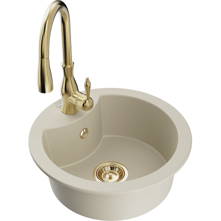 Mexen Diego granite 1-bowl kitchen sink with Savita kitchen faucet, beige - 6512-69-672601-50