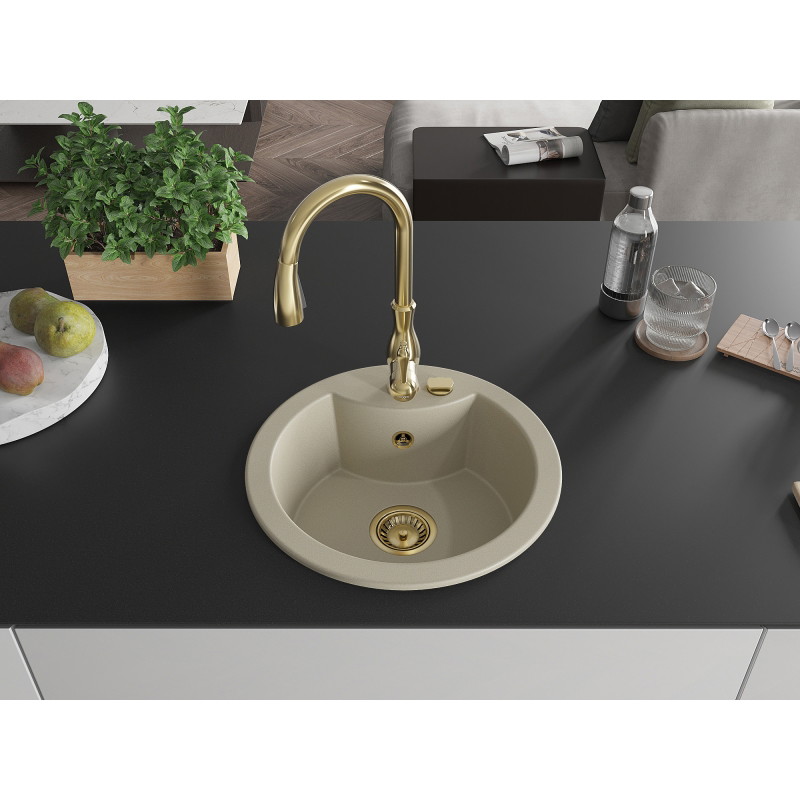 Mexen Diego granite 1-bowl kitchen sink with Savita kitchen faucet, beige - 6512-69-672601-50