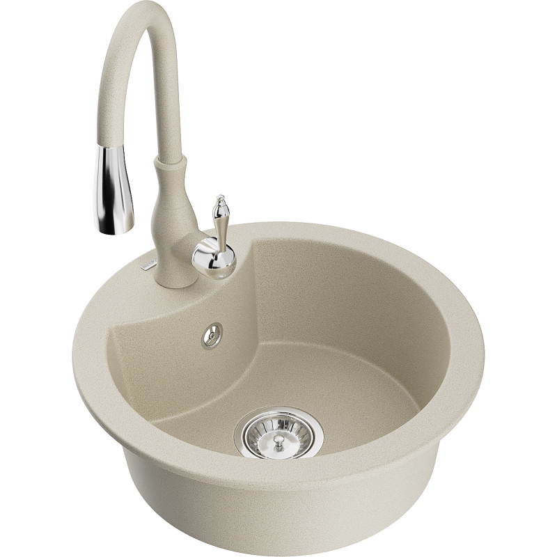 Mexen Diego granite kitchen sink 1-bowl with Savita faucet, beige - 6512-69-672601-69