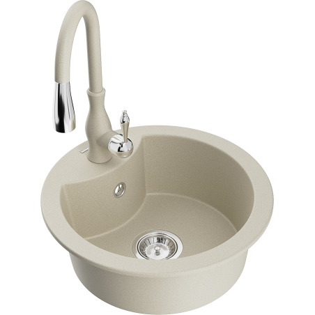Mexen Diego granite kitchen sink 1-bowl with Savita faucet, beige - 6512-69-672601-69