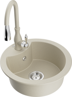 Mexen Diego 1-bowl granite sink with Savita kitchen faucet, beige - 6512-69-672601-69