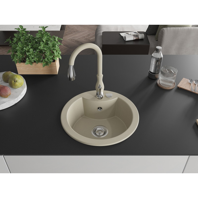Mexen Diego 1-bowl granite sink with Savita kitchen faucet, beige - 6512-69-672601-69