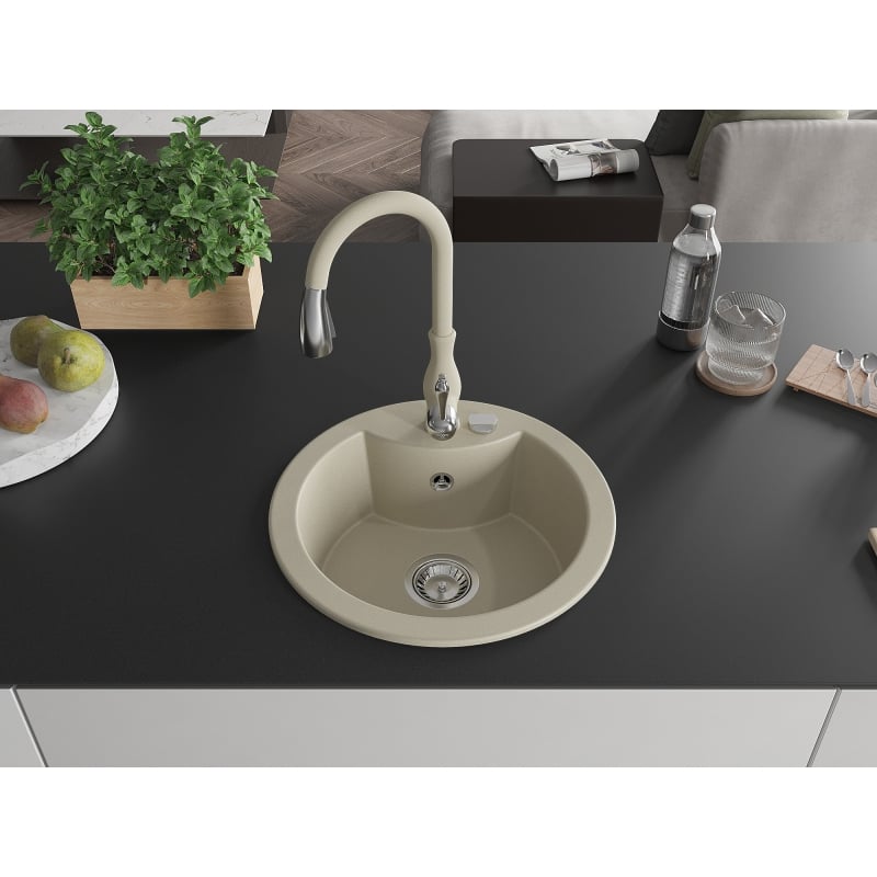 Mexen Diego granite kitchen sink 1-bowl with Savita faucet, beige - 6512-69-672601-69