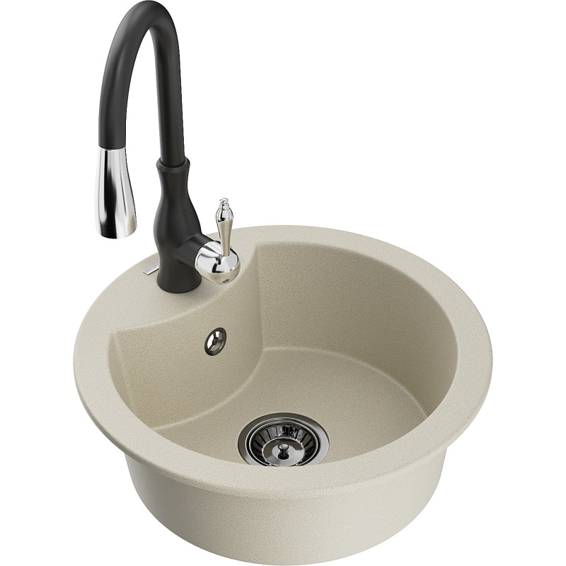 Mexen Diego granite 1-bowl sink with Savita kitchen faucet, beige - 6512-69-672601-70