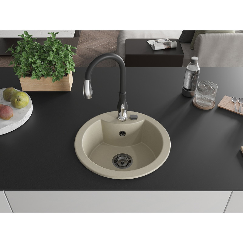 Mexen Diego granite 1-bowl sink with Savita kitchen faucet, beige - 6512-69-672601-70