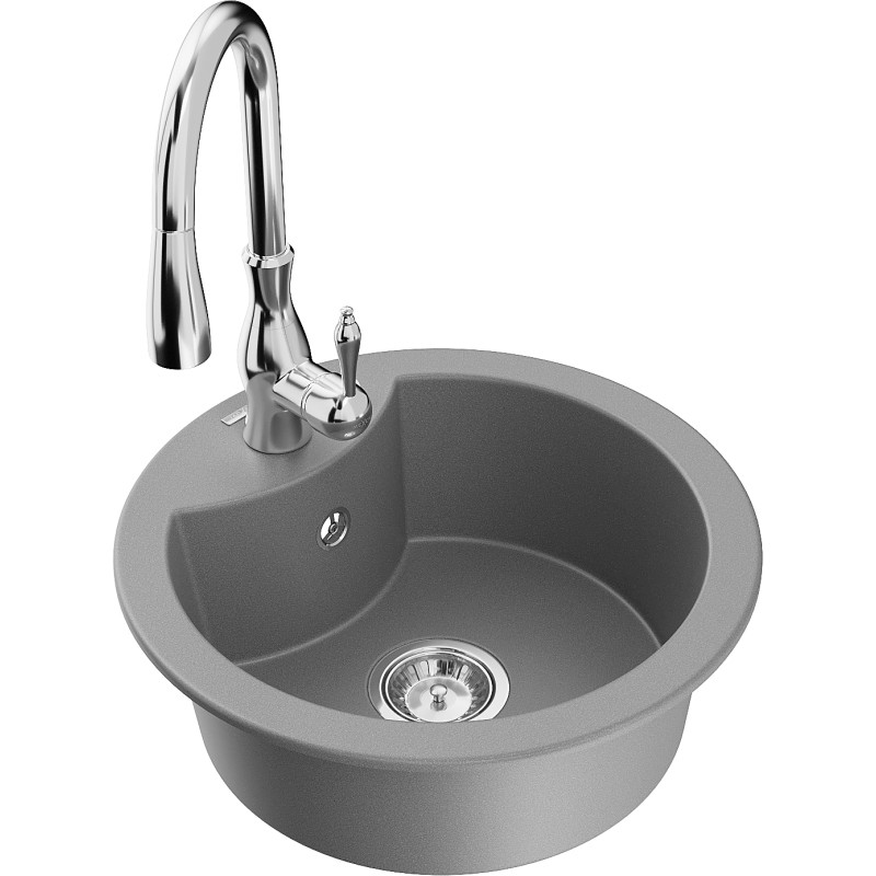 Mexen Diego granite kitchen sink 1-bowl with Savita kitchen faucet, gray - 6512-71-672601-00