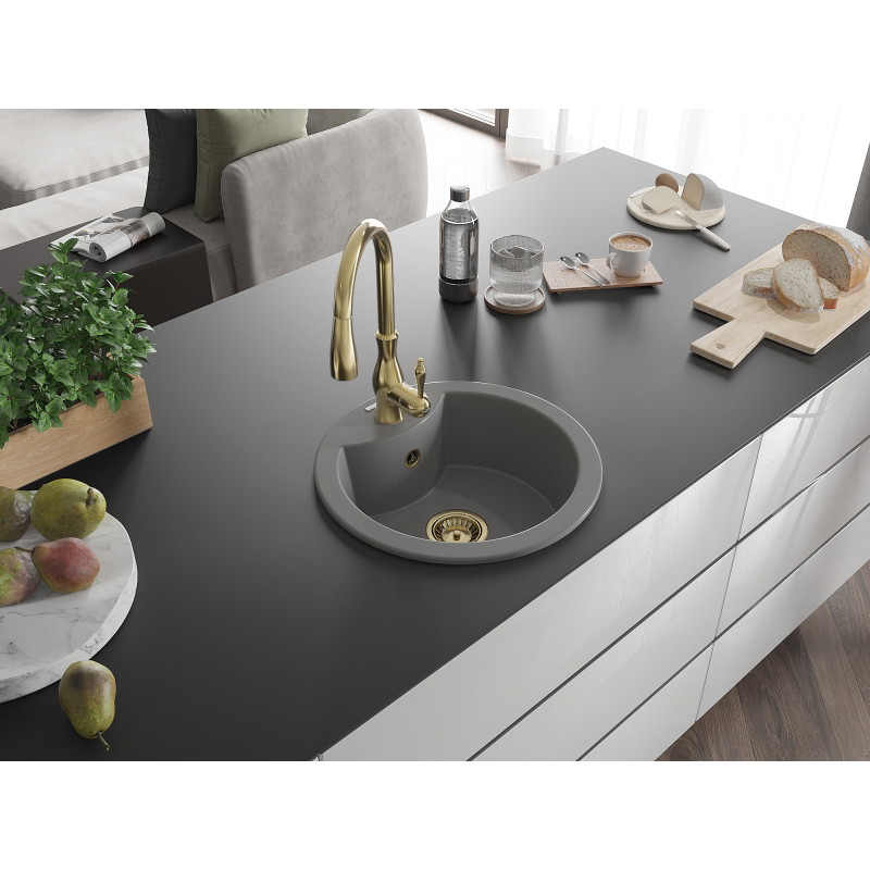 Mexen Diego 1-bowl granite kitchen sink with Savita faucet, gray - 6512-71-672601-50