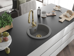 Mexen Diego 1-bowl granite kitchen sink with Savita faucet, gray - 6512-71-672601-50