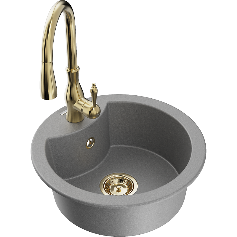Mexen Diego 1-compartment granite sink with a kitchen mixer tap Savita, Grey - 6512-71-672601-50