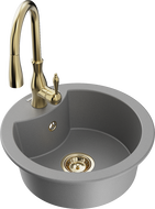 Mexen Diego 1-bowl granite kitchen sink with Savita faucet, gray - 6512-71-672601-50
