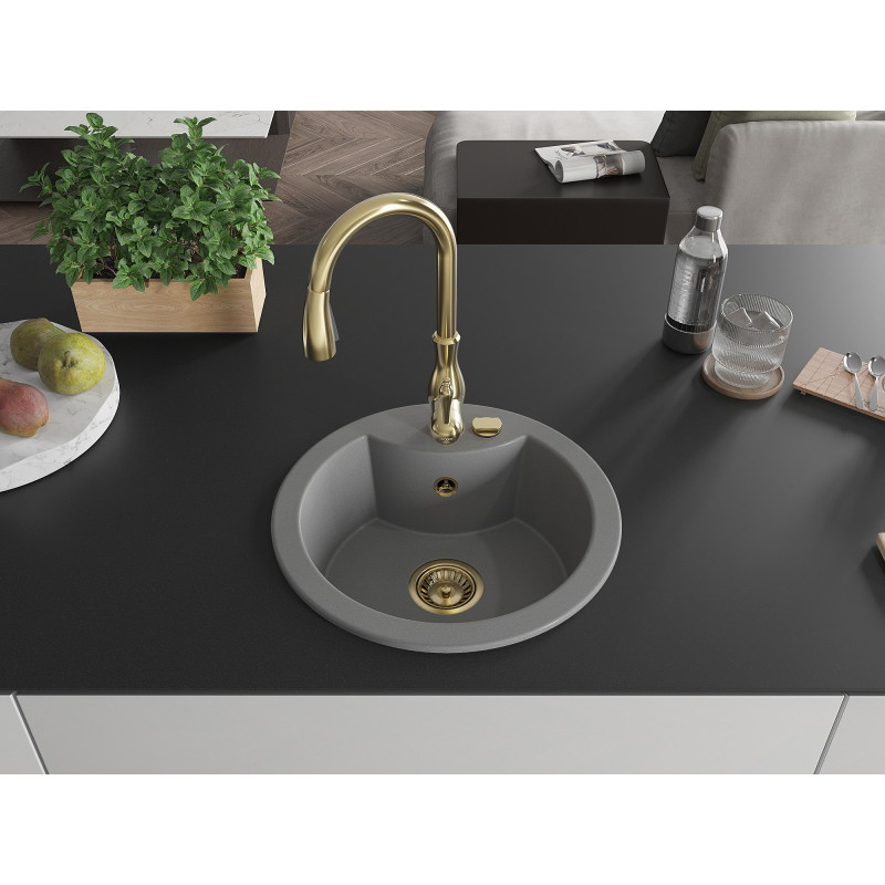 Mexen Diego 1-bowl granite kitchen sink with Savita faucet, gray - 6512-71-672601-50