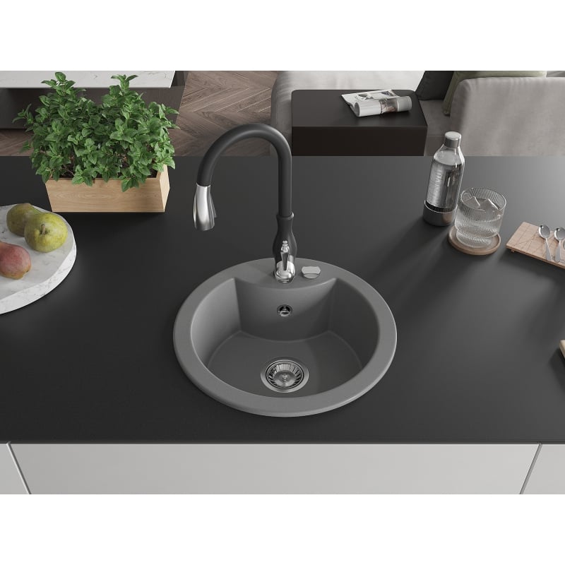 Mexen Diego granite sink 1-bowl with Savita kitchen faucet, gray - 6512-71-672601-70