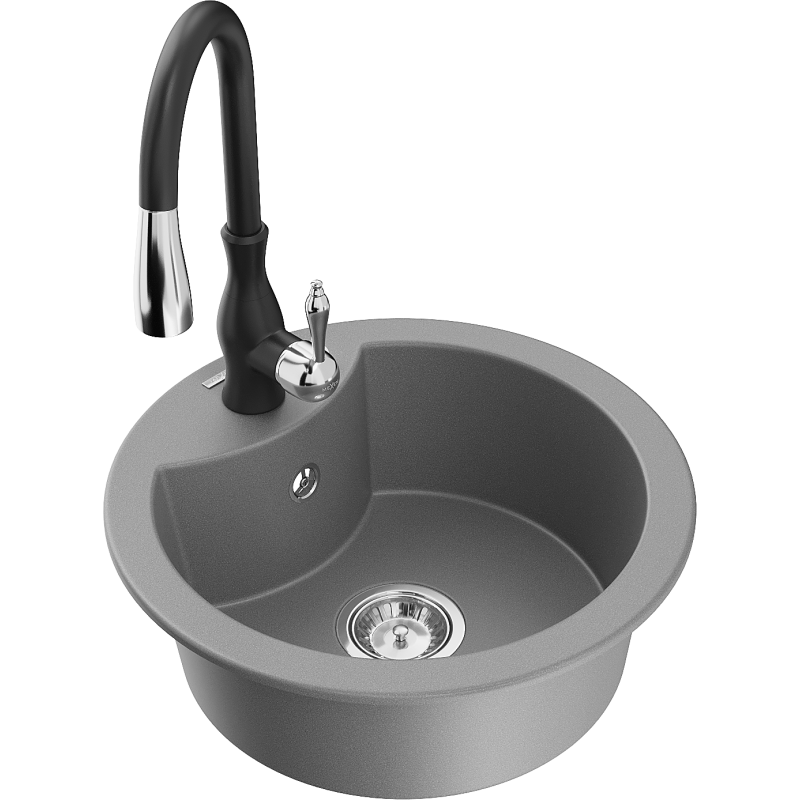 Mexen Diego 1-compartment granite sink with a kitchen mixer tap Savita, Grey - 6512-71-672601-70