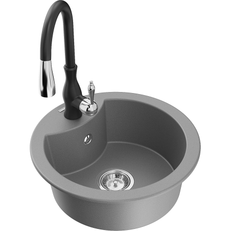 Mexen Diego granite sink 1-bowl with Savita kitchen faucet, gray - 6512-71-672601-70