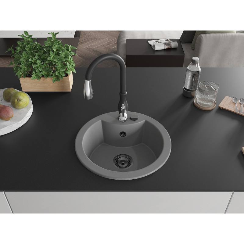 Mexen Diego 1-Bowl Granite Sink with Kitchen Faucet Savita, Grey - 6512-71-672601-70-B