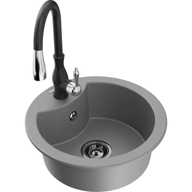 Mexen Diego 1-Bowl Granite Sink with Kitchen Faucet Savita, Grey - 6512-71-672601-70-B