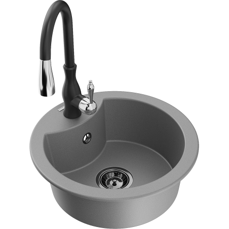 Mexen Diego 1-Bowl Granite Sink with Kitchen Faucet Savita, Grey - 6512-71-672601-70-B