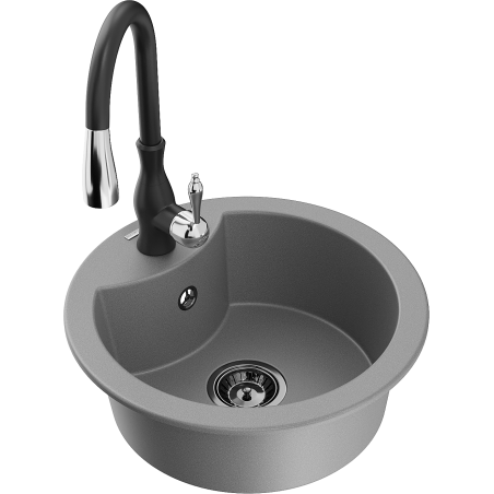 Mexen Diego 1-compartment granite sink with a kitchen mixer tap Savita, Grey - 6512-71-672601-70-B