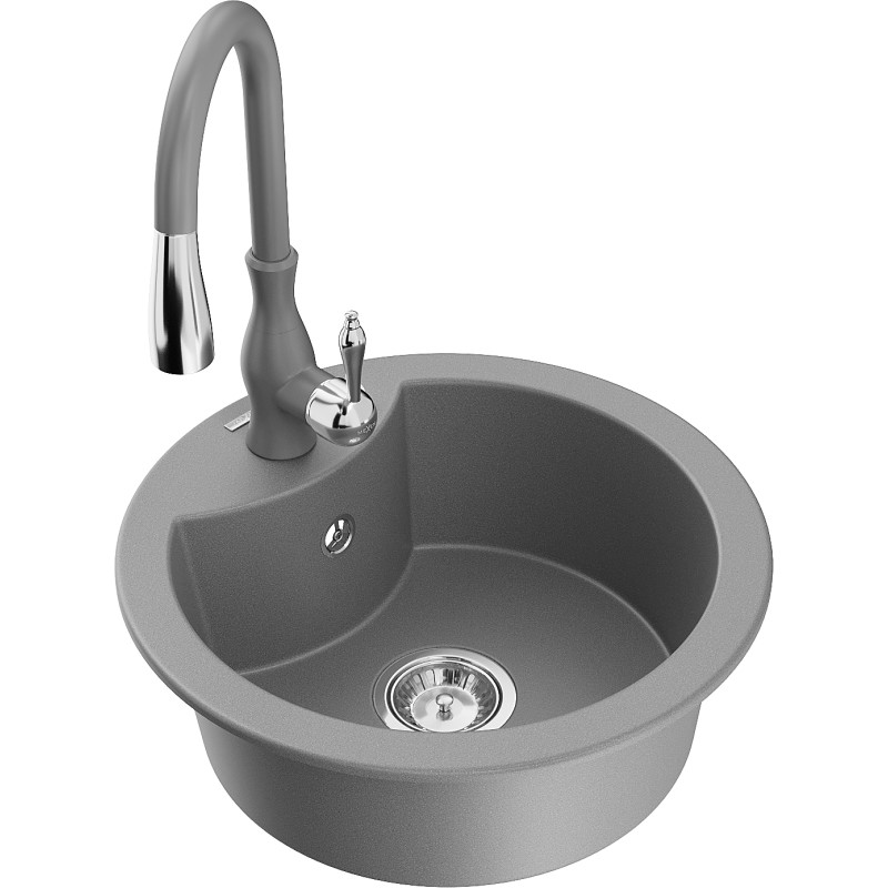 Mexen Diego 1-bowl granite sink with Savita kitchen faucet, gray - 6512-71-672601-71