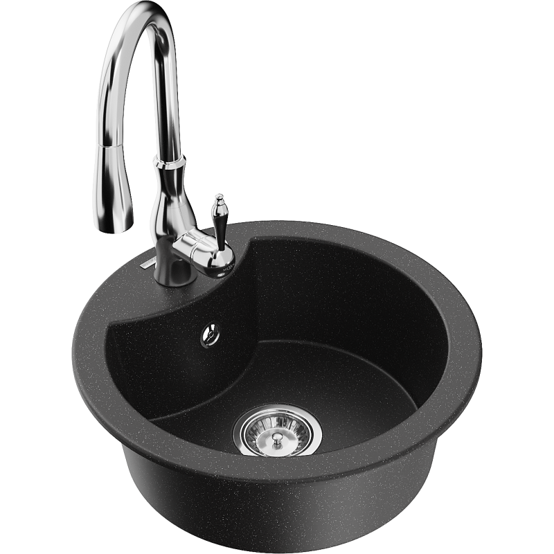 Mexen Diego granite sink 1-bowl with Savita kitchen tap, black/silver metallic - 6512-73-672601-00