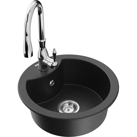 Mexen Diego granite sink 1-bowl with Savita kitchen tap, black/silver metallic - 6512-73-672601-00
