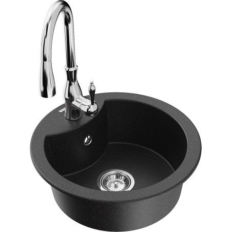 Mexen Diego single-bowl granite sink with Savita kitchen faucet, black/silver metallic - 6512-73-672601-00