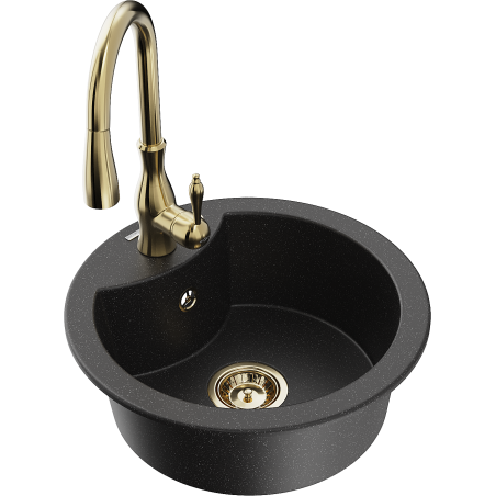 Mexen Diego granite kitchen sink 1-bowl with Savita faucet, black/silver metallic - 6512-73-672601-50