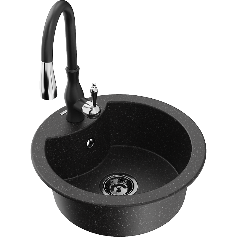 Mexen Diego 1-compartment granite sink with a kitchen mixer tap Savita, Black/Silver metallic - 6512-73-672601-70-B
