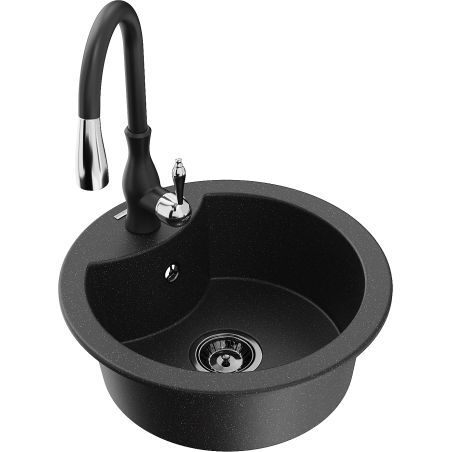 Mexen Diego 1-Bowl Granite Sink with Savita Kitchen Faucet, Black/Silver Metallic - 6512-73-672601-70-B