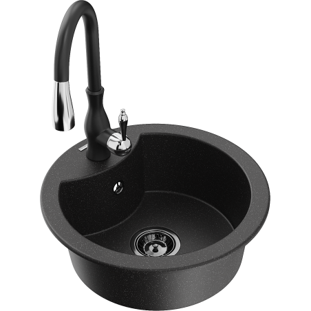 Mexen Diego granite sink 1-bowl with Savita kitchen tap, black/silver metallic - 6512-73-672601-70-B