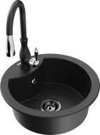 Mexen Diego 1-Bowl Granite Sink with Savita Kitchen Faucet, Black/Silver Metallic - 6512-73-672601-70-B