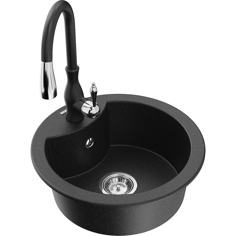 Mexen Diego 1-bowl granite sink with Savita kitchen tap, black/silver metallic - 6512-73-672601-70