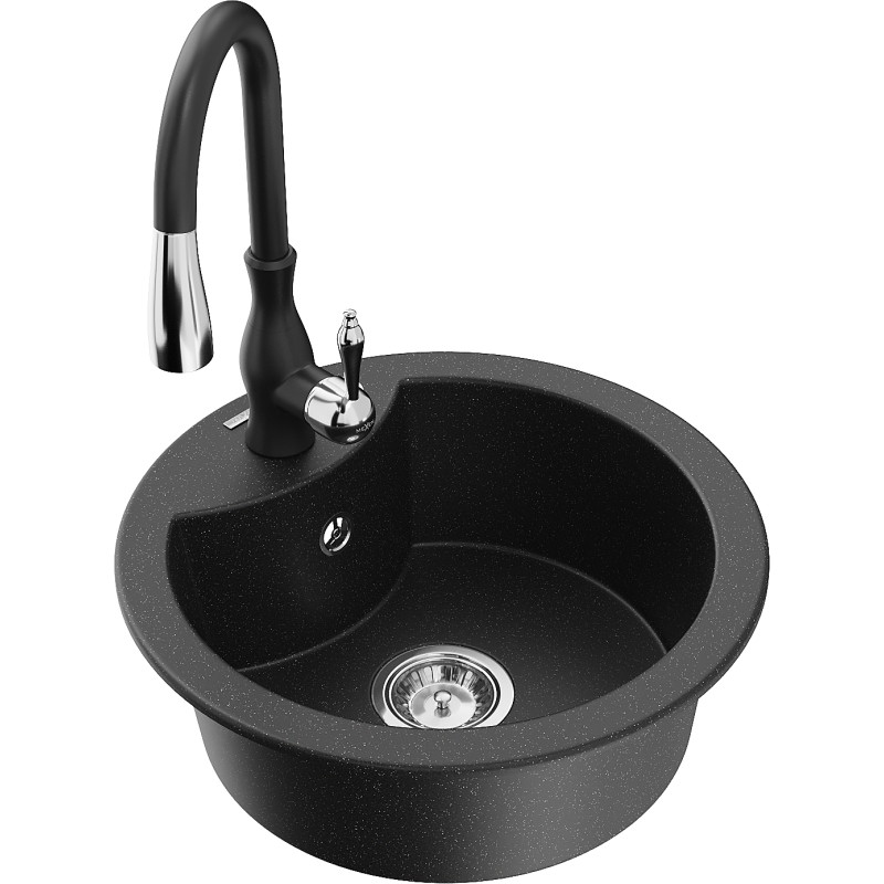 Mexen Diego granite sink 1-bowl with Savita kitchen faucet, black/silver metallic - 6512-73-672601-70