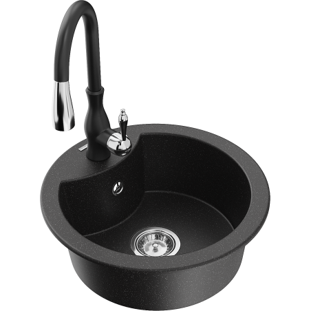 Mexen Diego granite sink 1-bowl with Savita kitchen faucet, black/silver metallic - 6512-73-672601-70