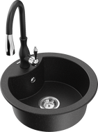 Mexen Diego granite sink 1-bowl with Savita kitchen faucet, black/silver metallic - 6512-73-672601-70